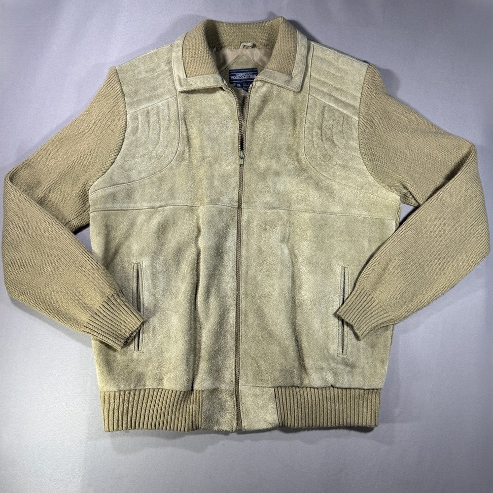 Vintage Mervyn's Mens Jacket XL Beige Bomber Style Cow Split Leather Knit Korea